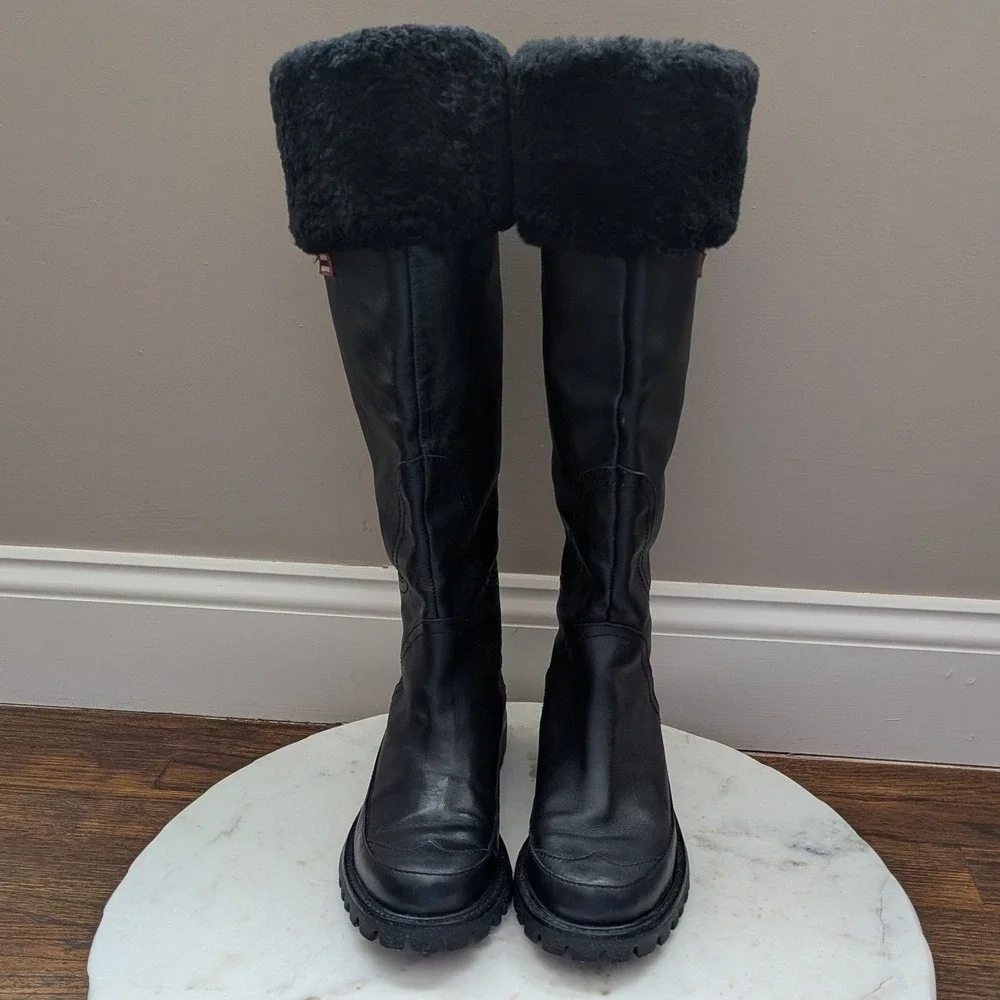 Hunter Steamboat Womens Sz 7 Black Leather Tall Boots Sheepskin Lined Waterproof